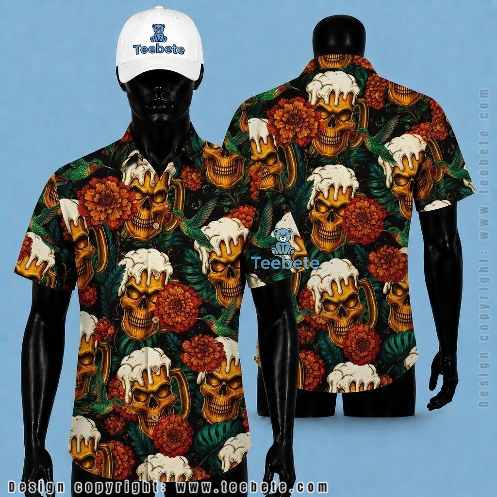 Beer Tropical Shirt Skull Hummingbird Marigold Floral