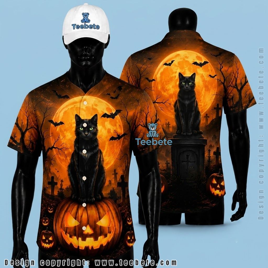 Black Cat Halloween Baseball Jersey Pumpkin Graveyard Orange