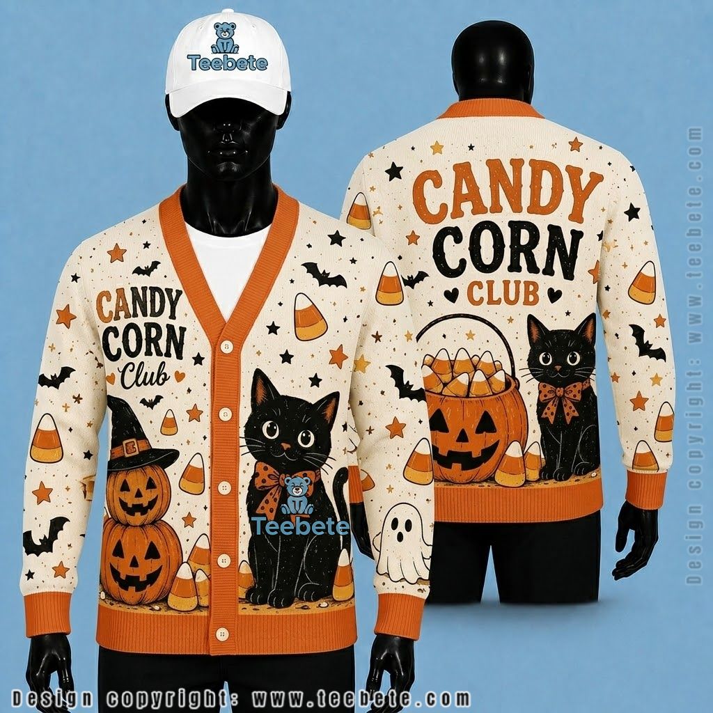Black Cat Halloween Cardigan Candy Corn Club