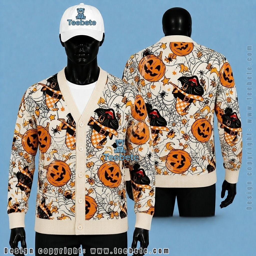 Black Cat Halloween Cardigan Checkerboard Witch Pumpkin
