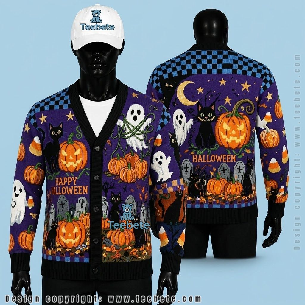 Black Cat Halloween Cardigan Checkered Graveyard Pumpkin