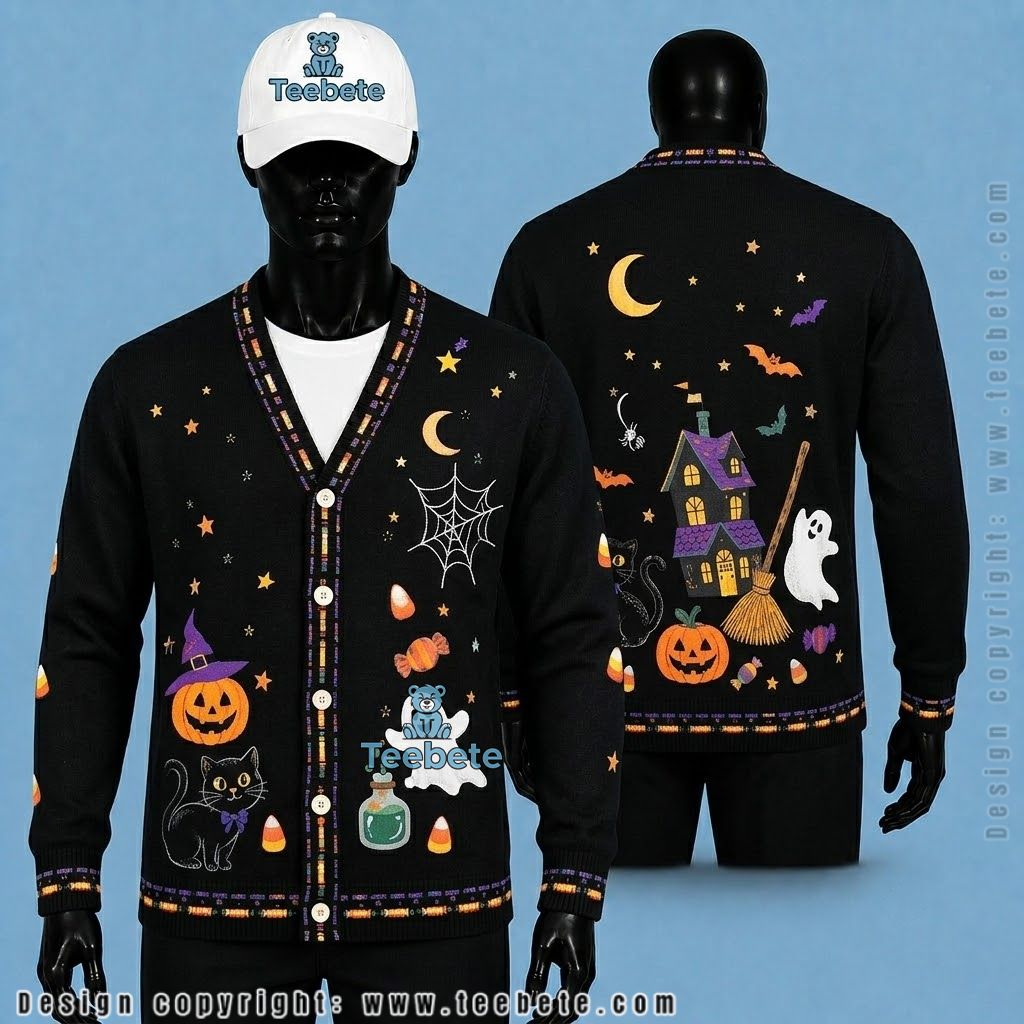 Black Cat Halloween Cardigan Haunted House And Broom