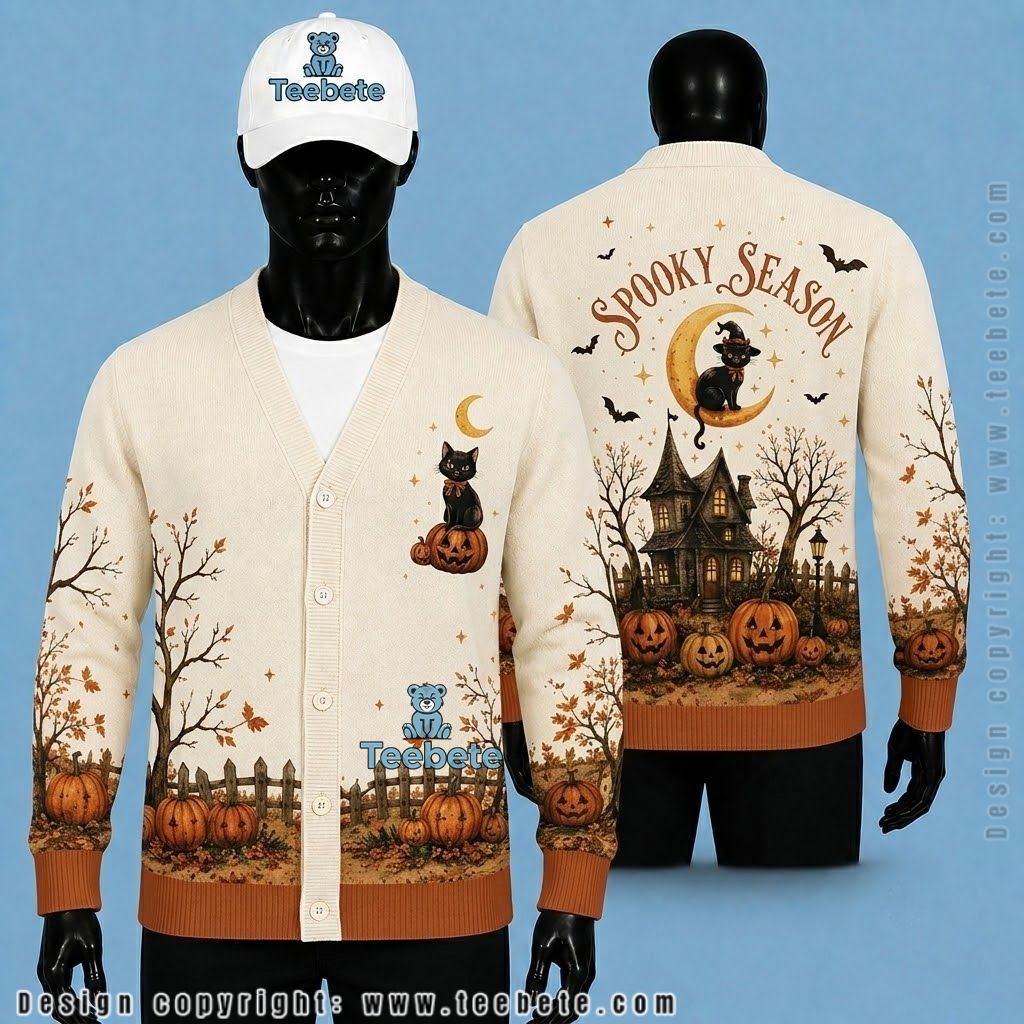 Black Cat Halloween Cardigan Haunted House Spooky Season