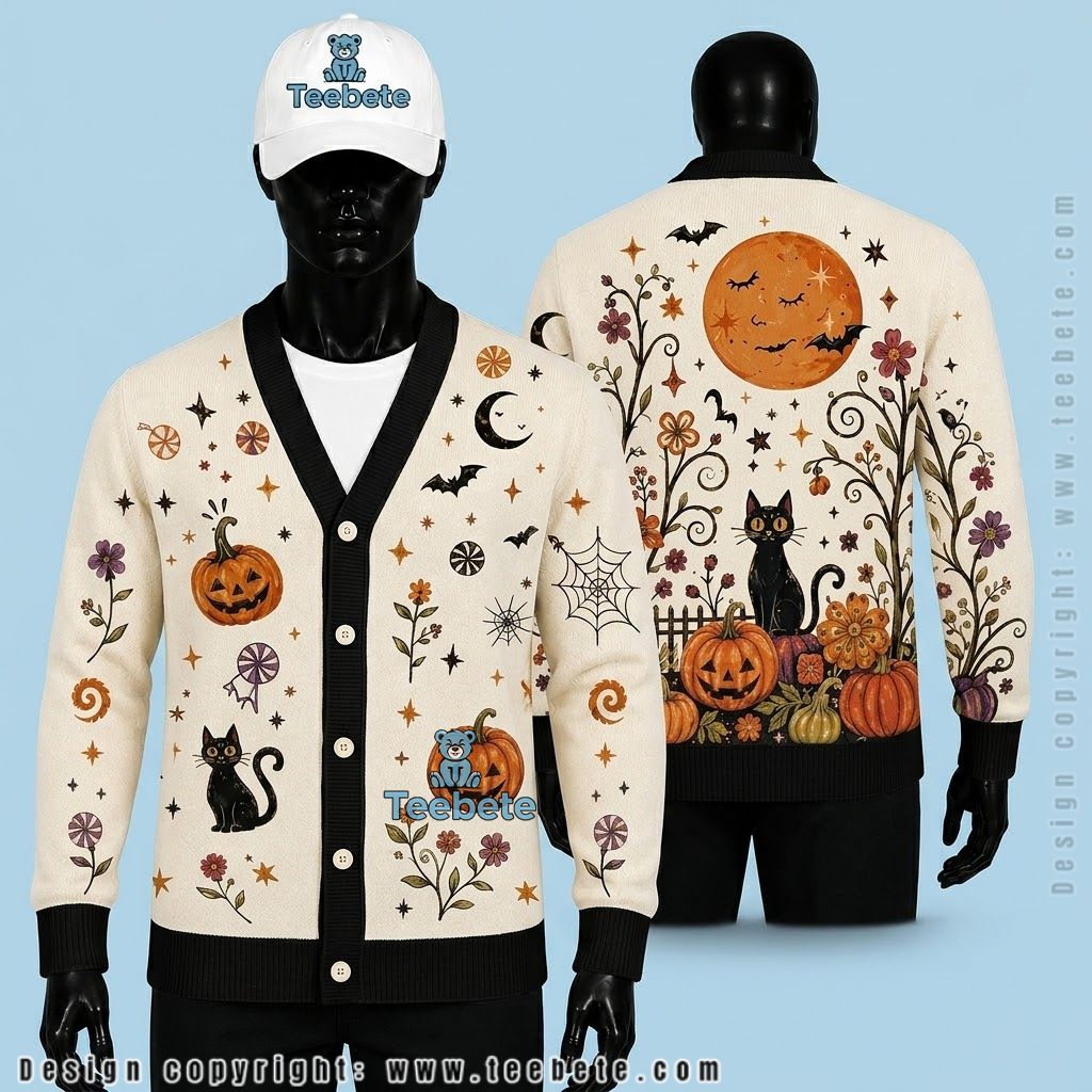 Black Cat Halloween Cardigan Moon And Floral Pumpkins