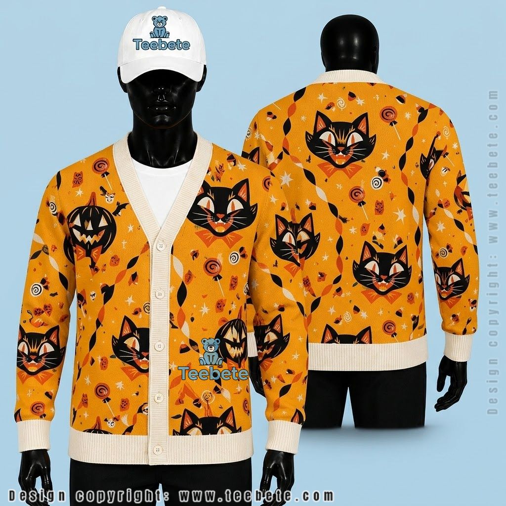 Black Cat Halloween Cardigan Mustard Pumpkins And Candy