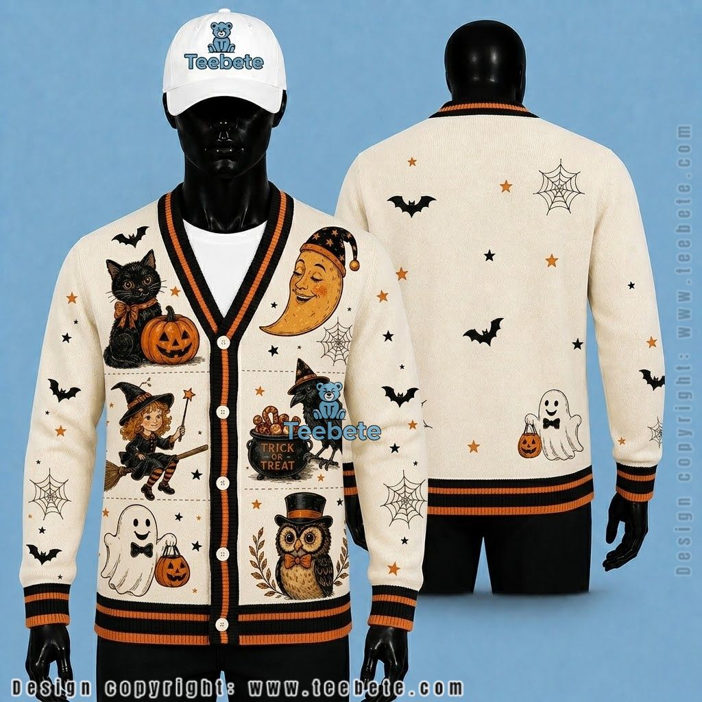 Black Cat Halloween Cardigan Owl And Moon Face
