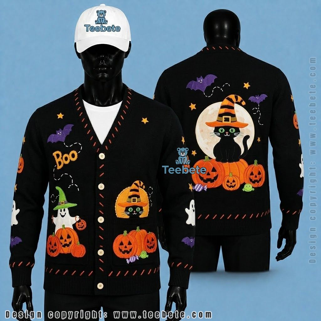 Black Cat Halloween Cardigan Pumpkin And Witch Hat