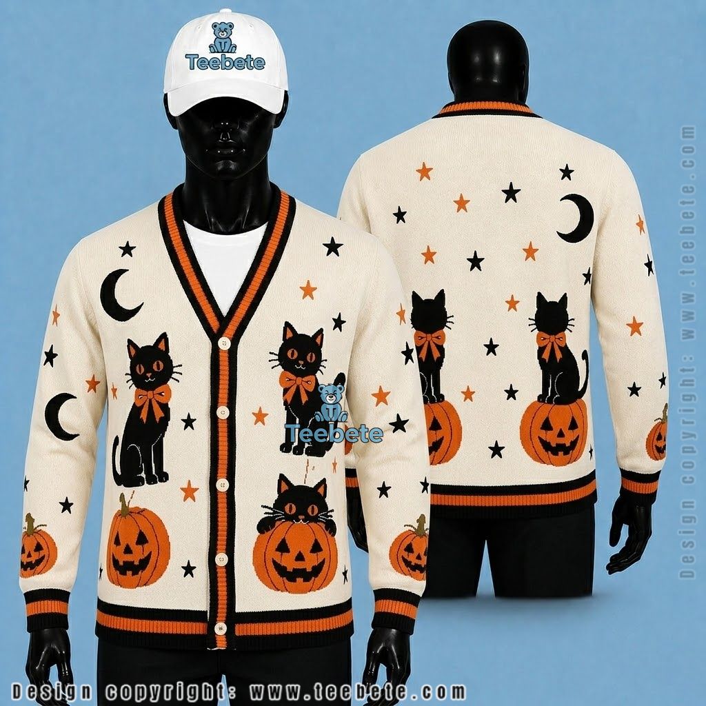 Black Cat Halloween Cardigan Pumpkin Patch Trio
