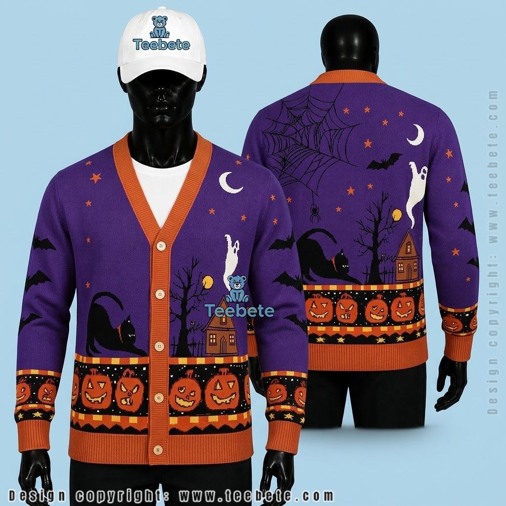 Black Cat Halloween Cardigan Purple Pumpkin Row