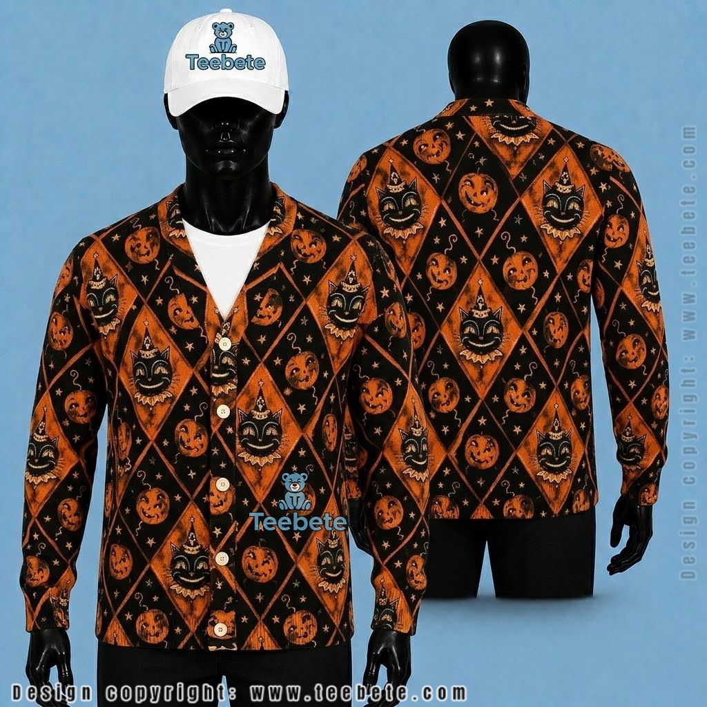 Black Cat Halloween Cardigan Witch Hat Diamond Pattern