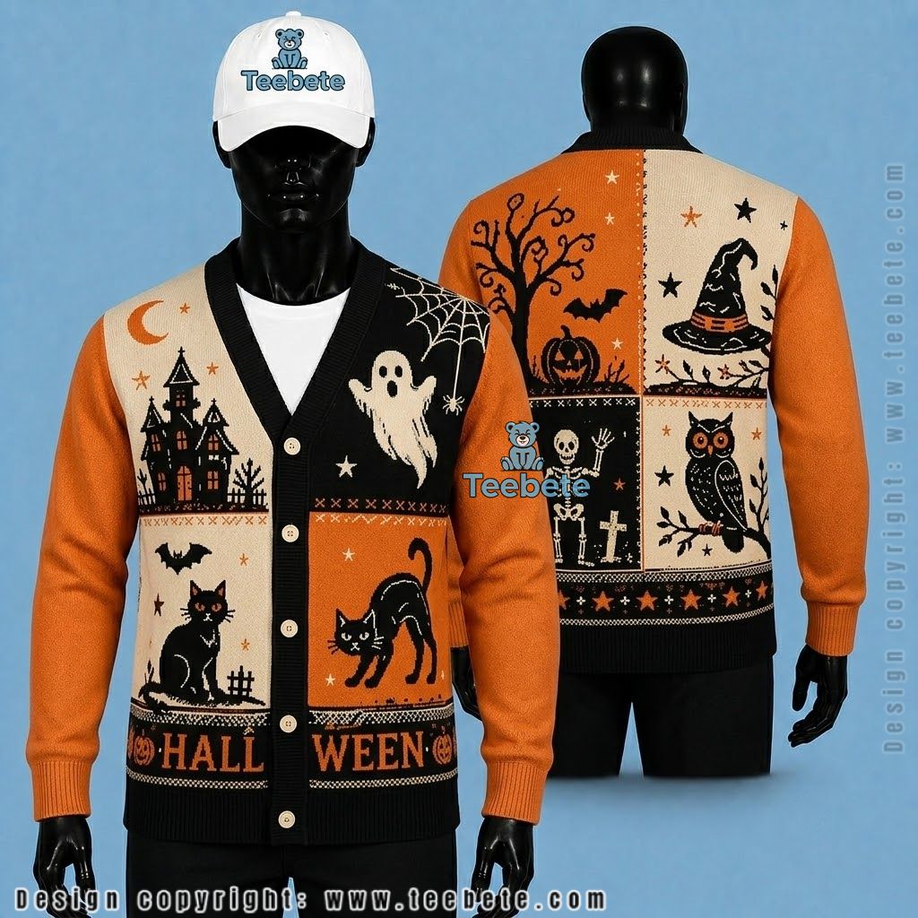 Black Cat Halloween Cardigan Witch Owl And Skeleton