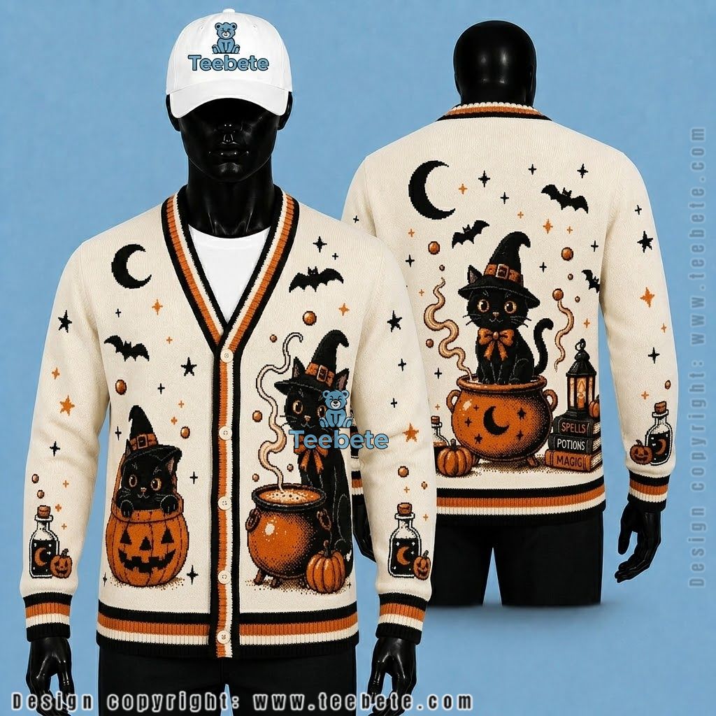 Black Cat Halloween Cardigan Witchy Cat Knit Pattern