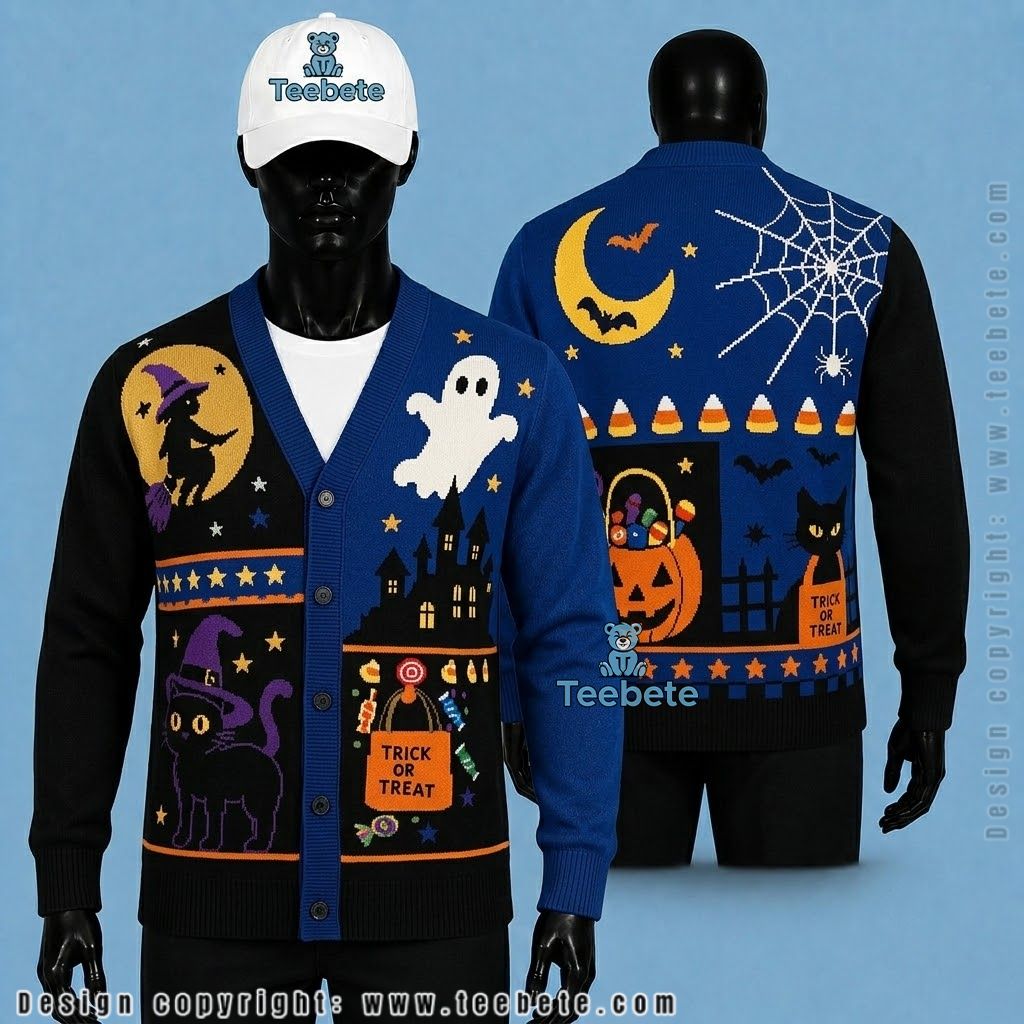 Blue Halloween Cardigan Ghostly Witch Cat