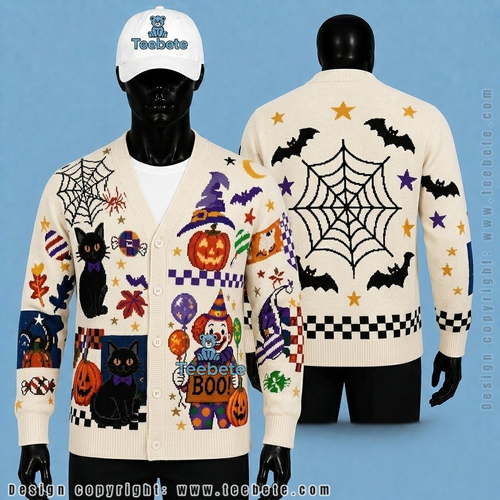 Boo Halloween Cardigan Black Cat Circus Clown