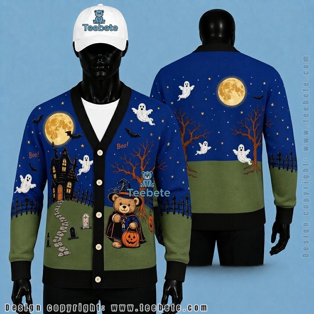 Boo Halloween Cardigan Ghost And Teddy Bear