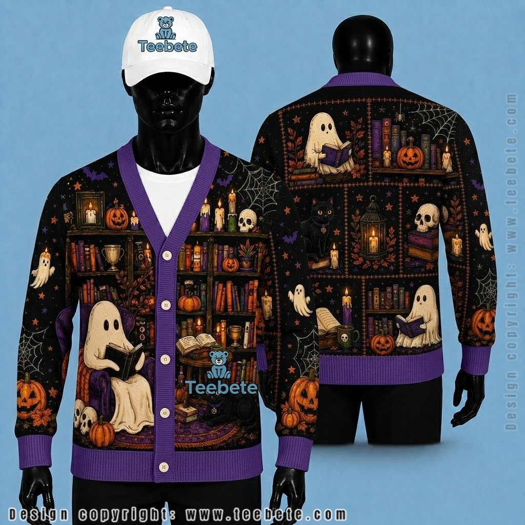 Bookish Halloween Cardigan Reading Ghost And Black Cat