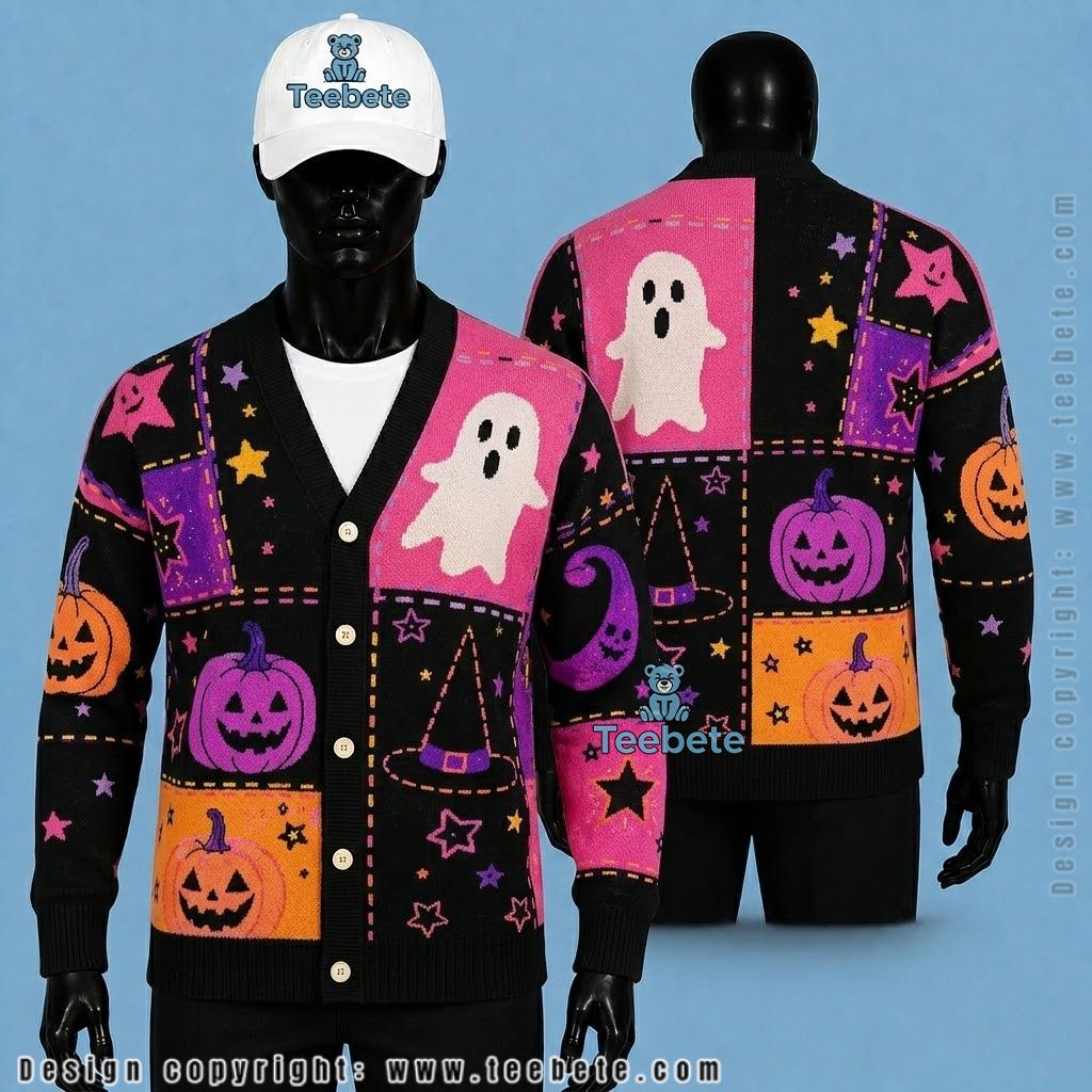 Bright Halloween Cardigan Patchwork Ghost And Pumpkin