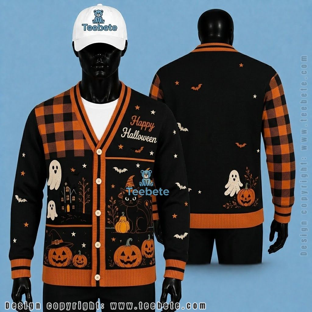 Buffalo Plaid Halloween Cardigan Black Cat