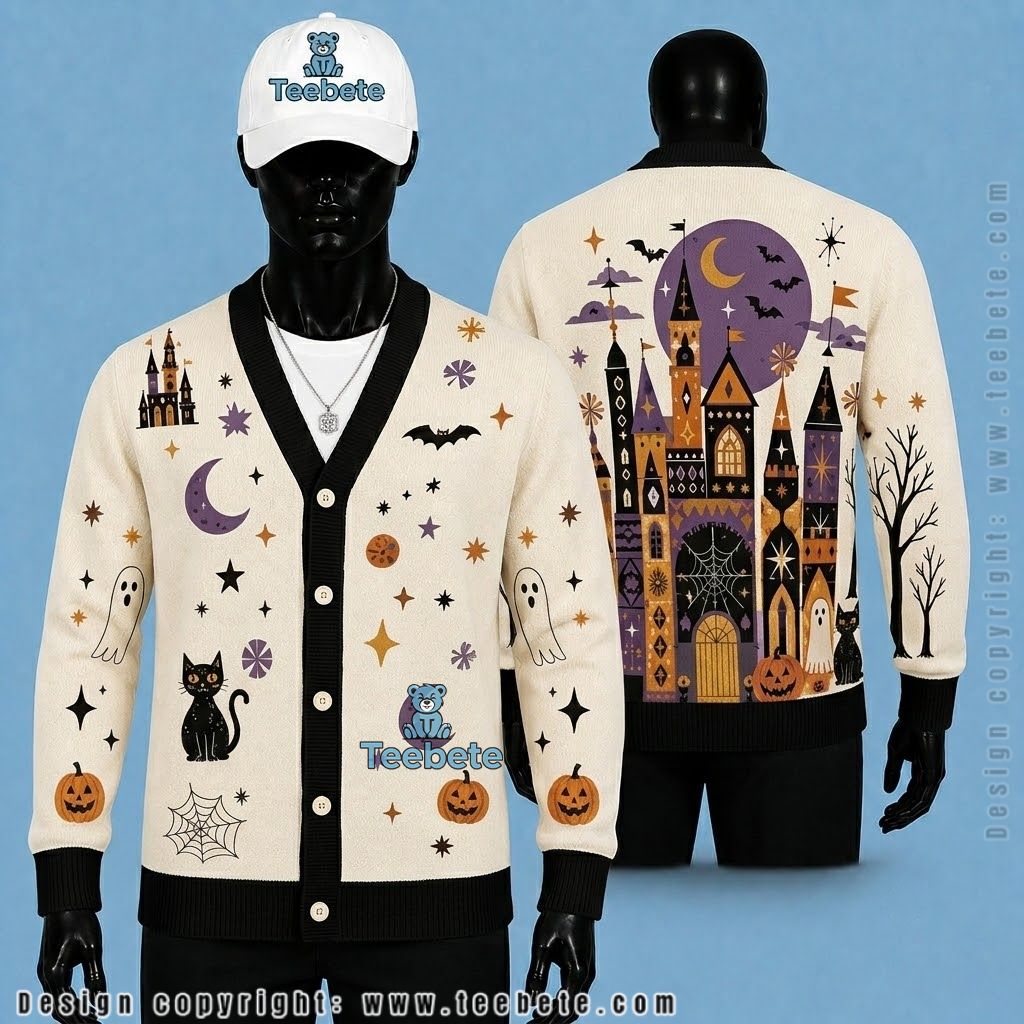 Castle Halloween Cardigan Mosaic Black Cat