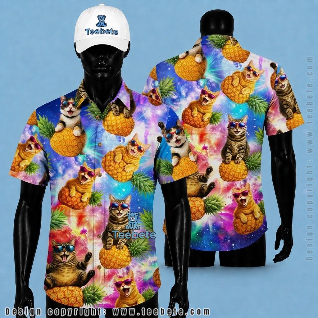 Cat Tropical Shirt Pineapple Sunglasses Galaxy Print