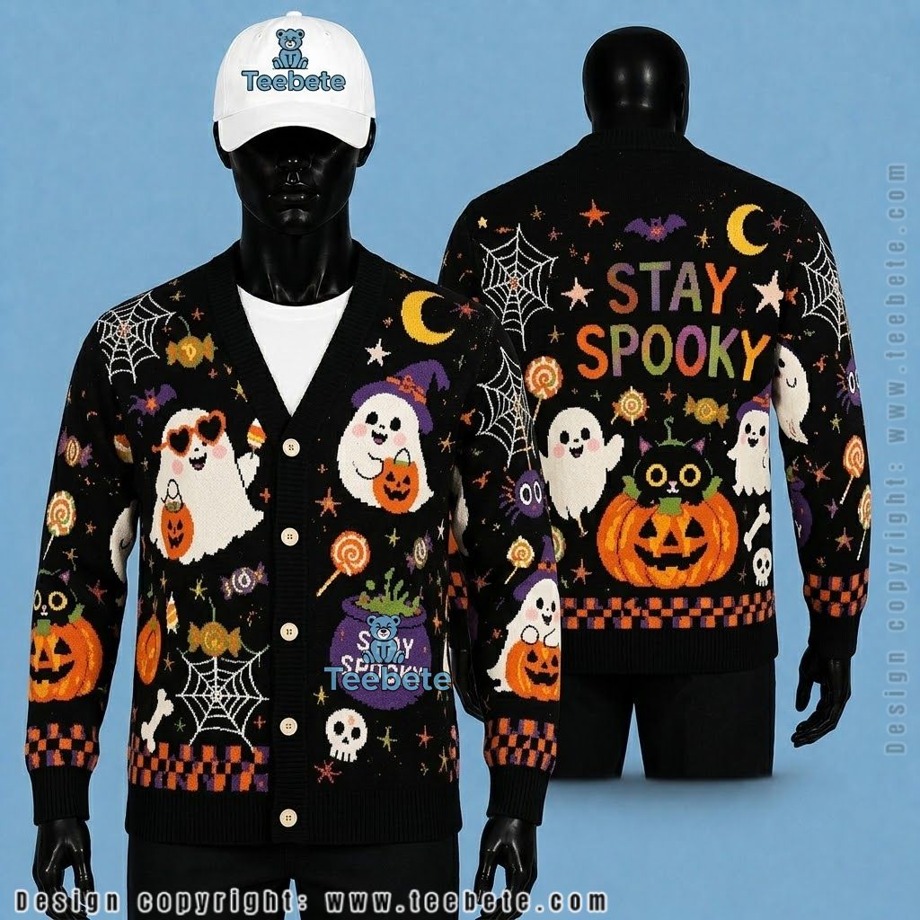 Cheerful Halloween Cardigan Ghost And Black Cat