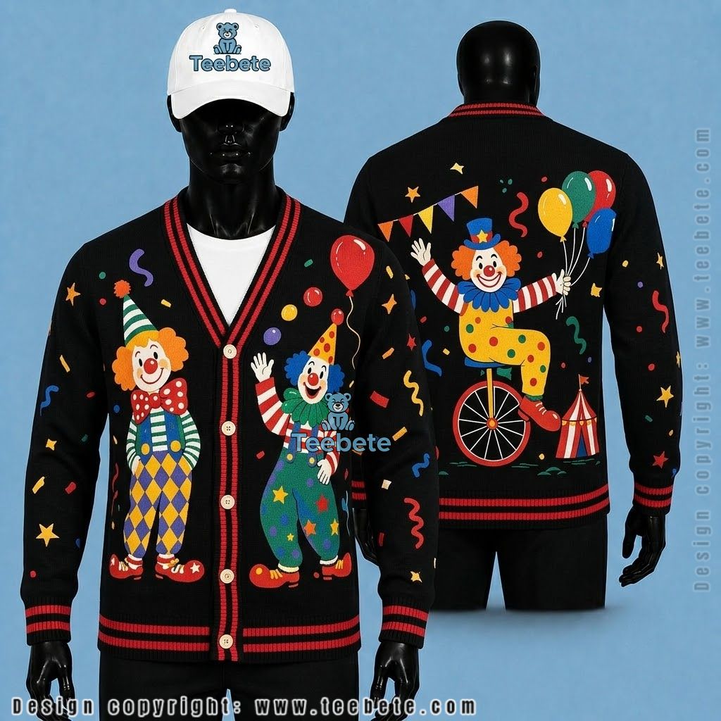 Clown Halloween Cardigan Circus Unicycle And Balloon