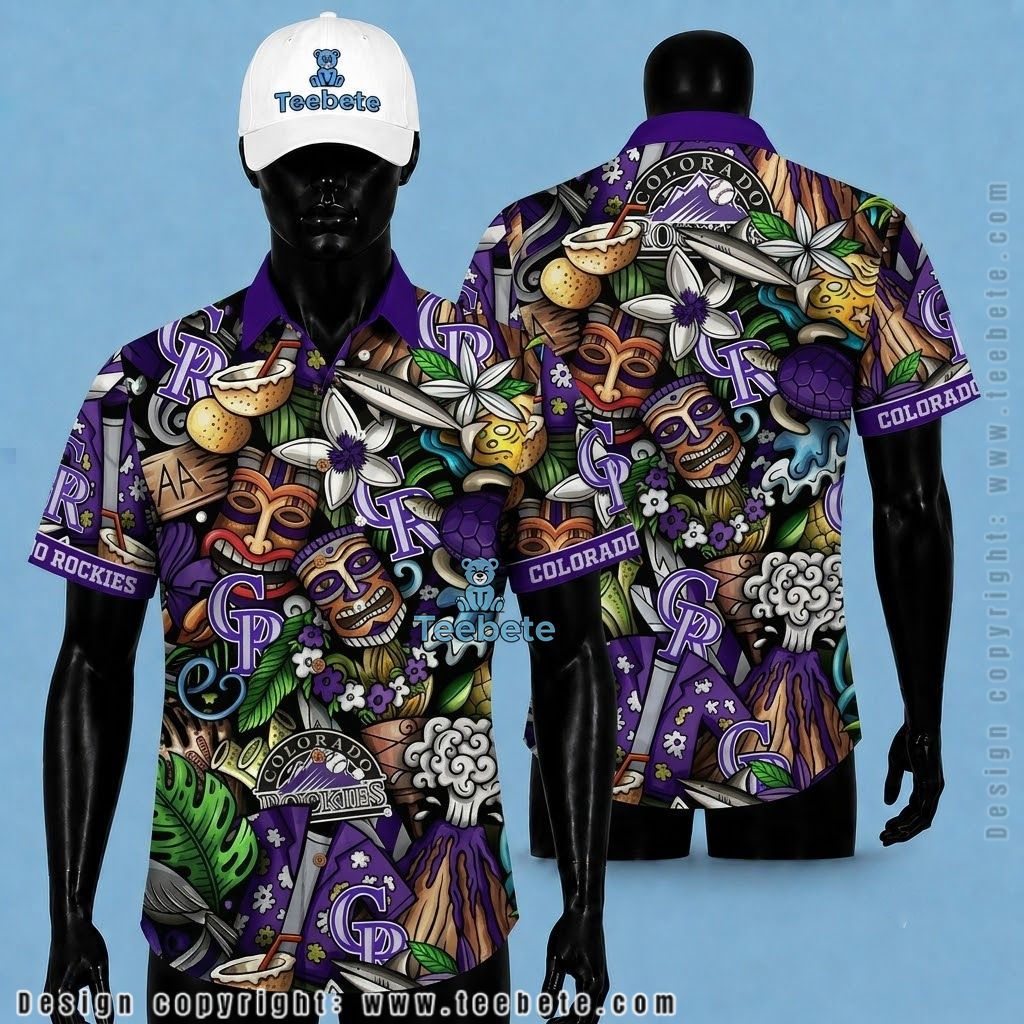 Colorado Rockies Hawaiian Shirt Tiki Volcano Turtle Purple