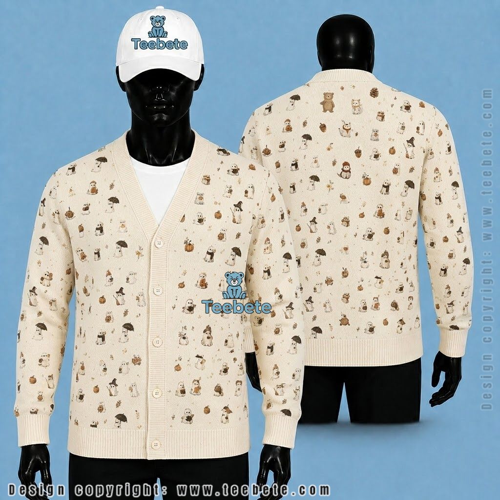 Cream Halloween Cardigan Cat In Ghost Costume