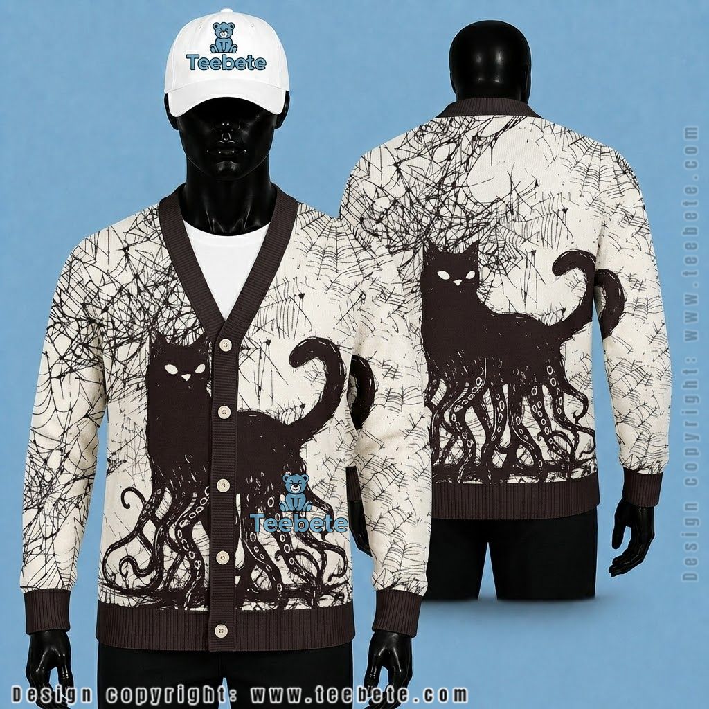 Creepy Halloween Cardigan Webbed Cat And Octopus