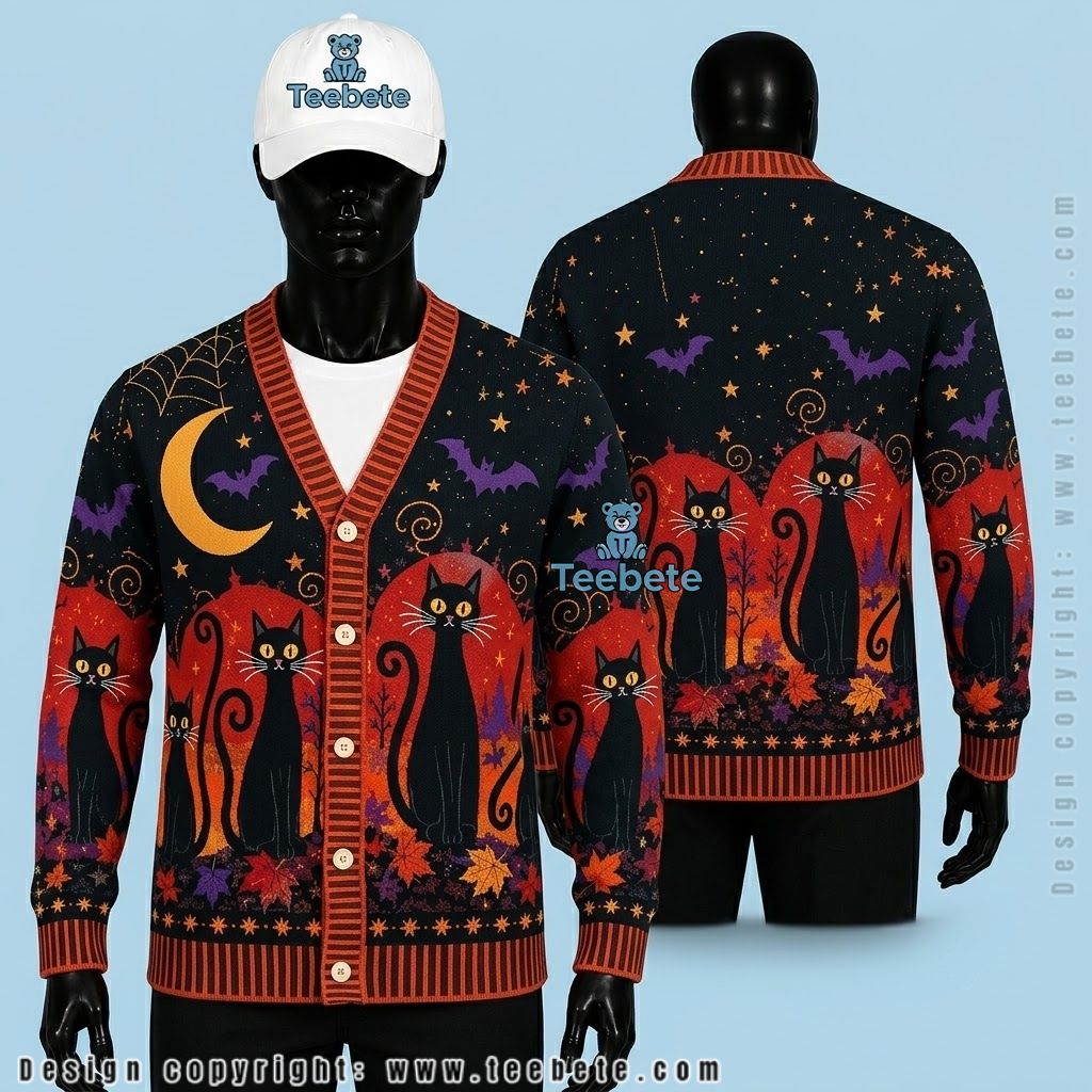 Crimson Halloween Cardigan Moonlit Black Cat