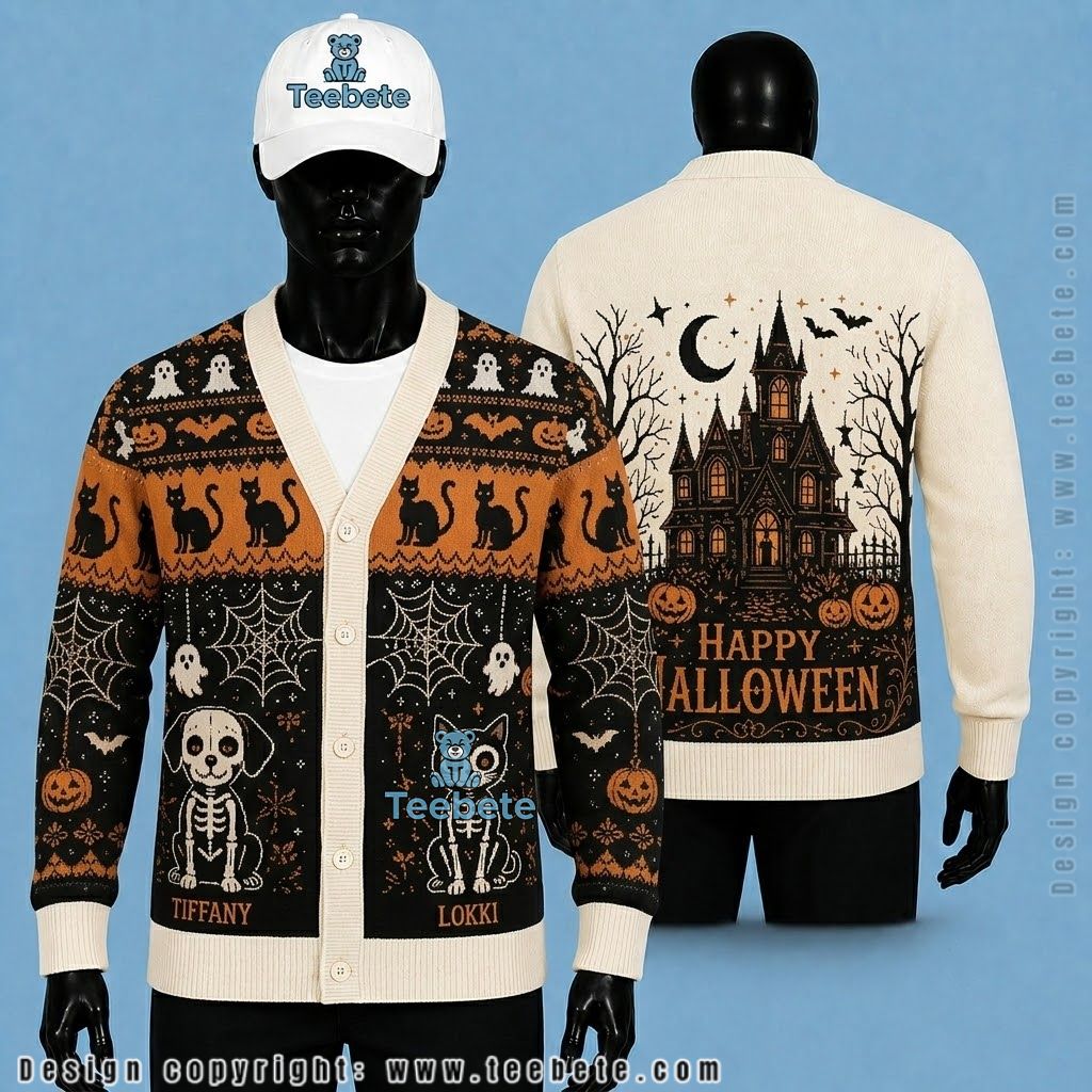 Custom Name Halloween Cardigan Cat And Skeleton Dog