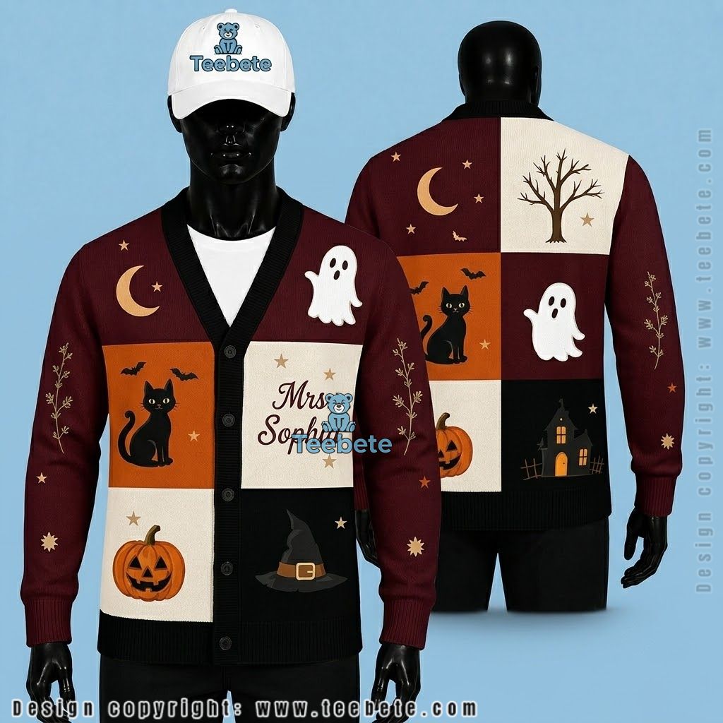 Custom Name Halloween Cardigan Color Block Ghost