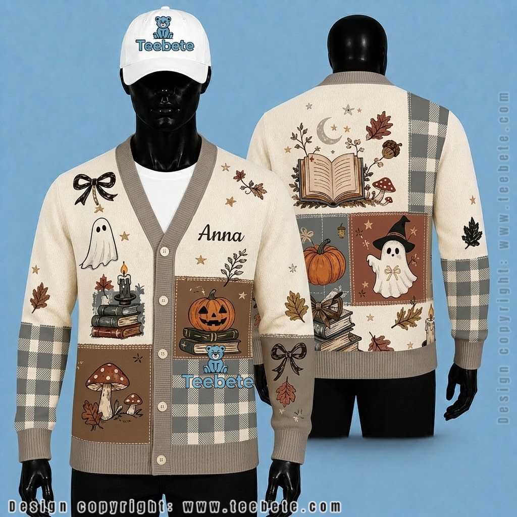 Custom Name Halloween Cardigan Cozy Ghost Patchwork