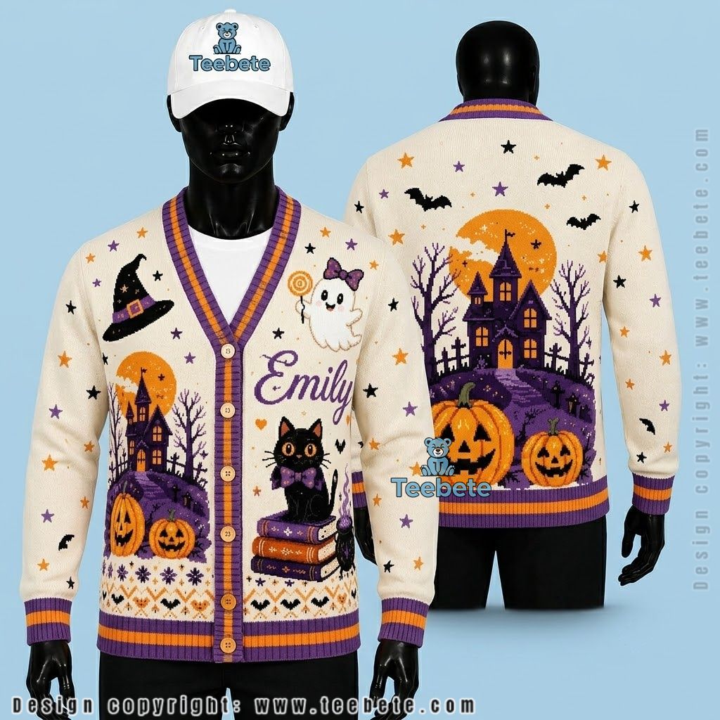 Custom Name Halloween Cardigan Floral Raven And Moon