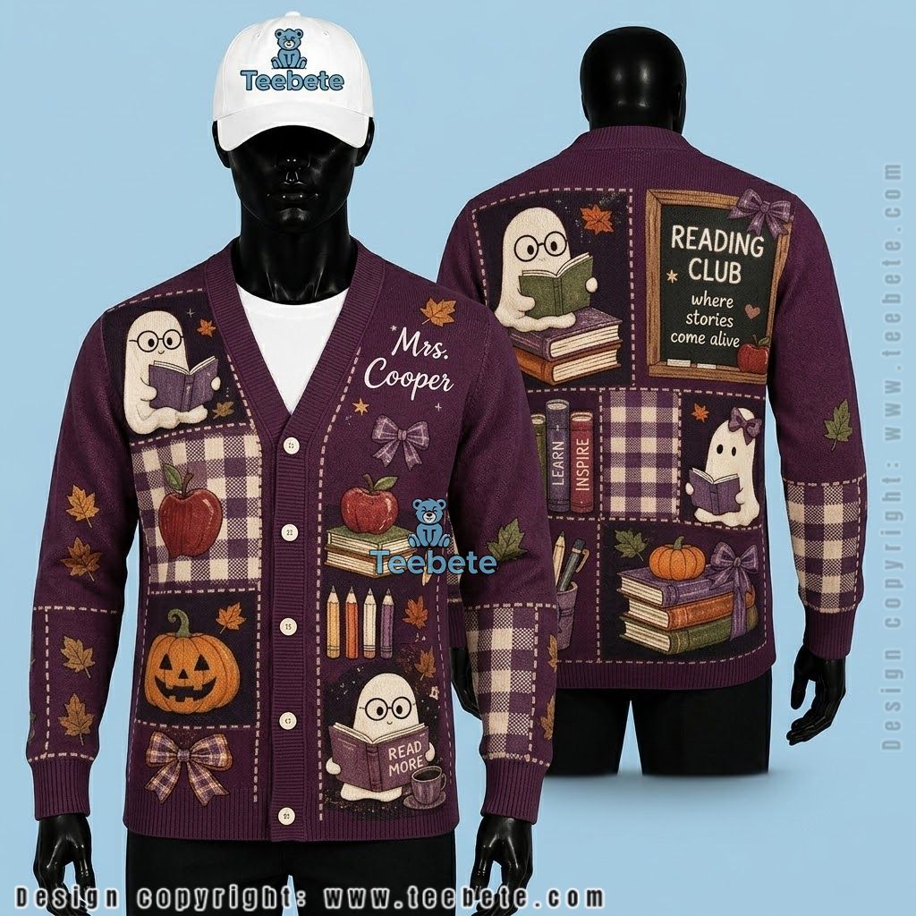 Custom Name Halloween Cardigan Ghost Reading Club