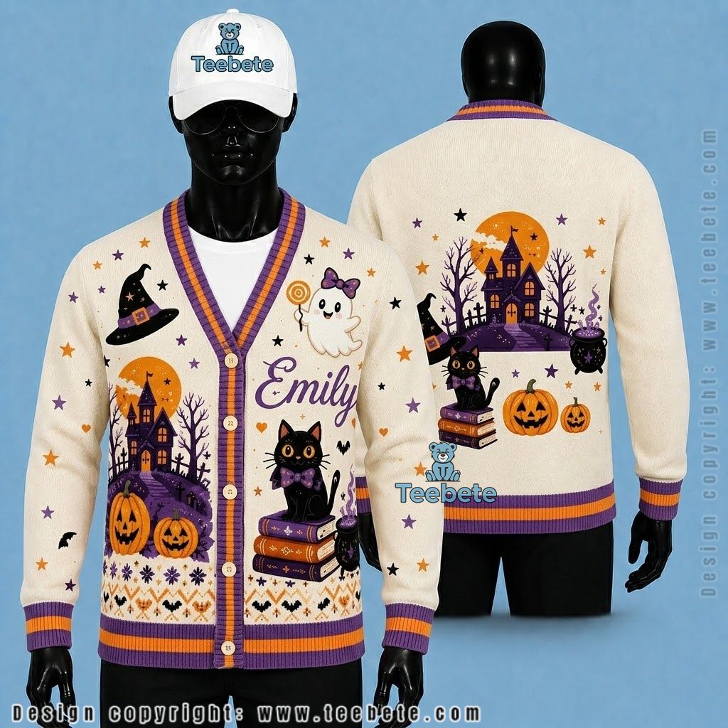 Custom Name Halloween Cardigan Ghostly Black Cat