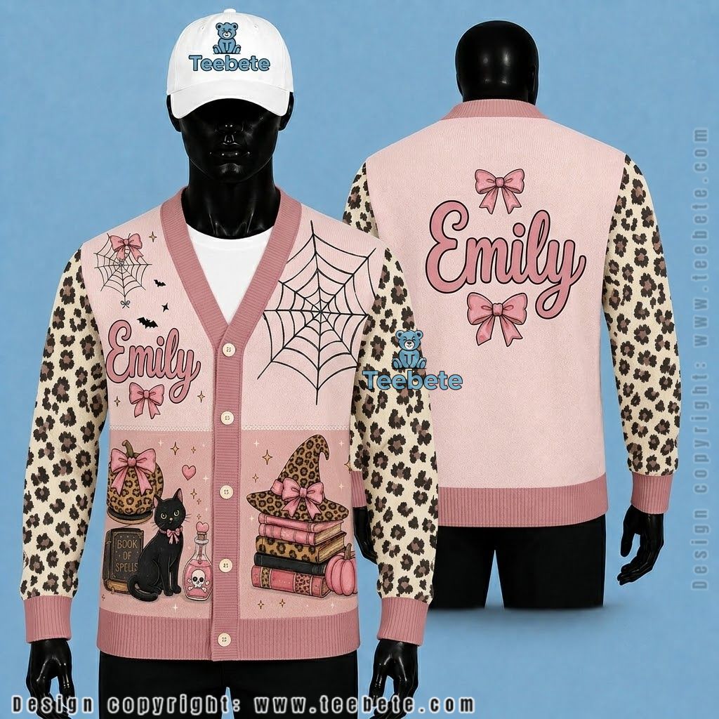 Custom Name Halloween Cardigan Leopard Print Pink Ghost