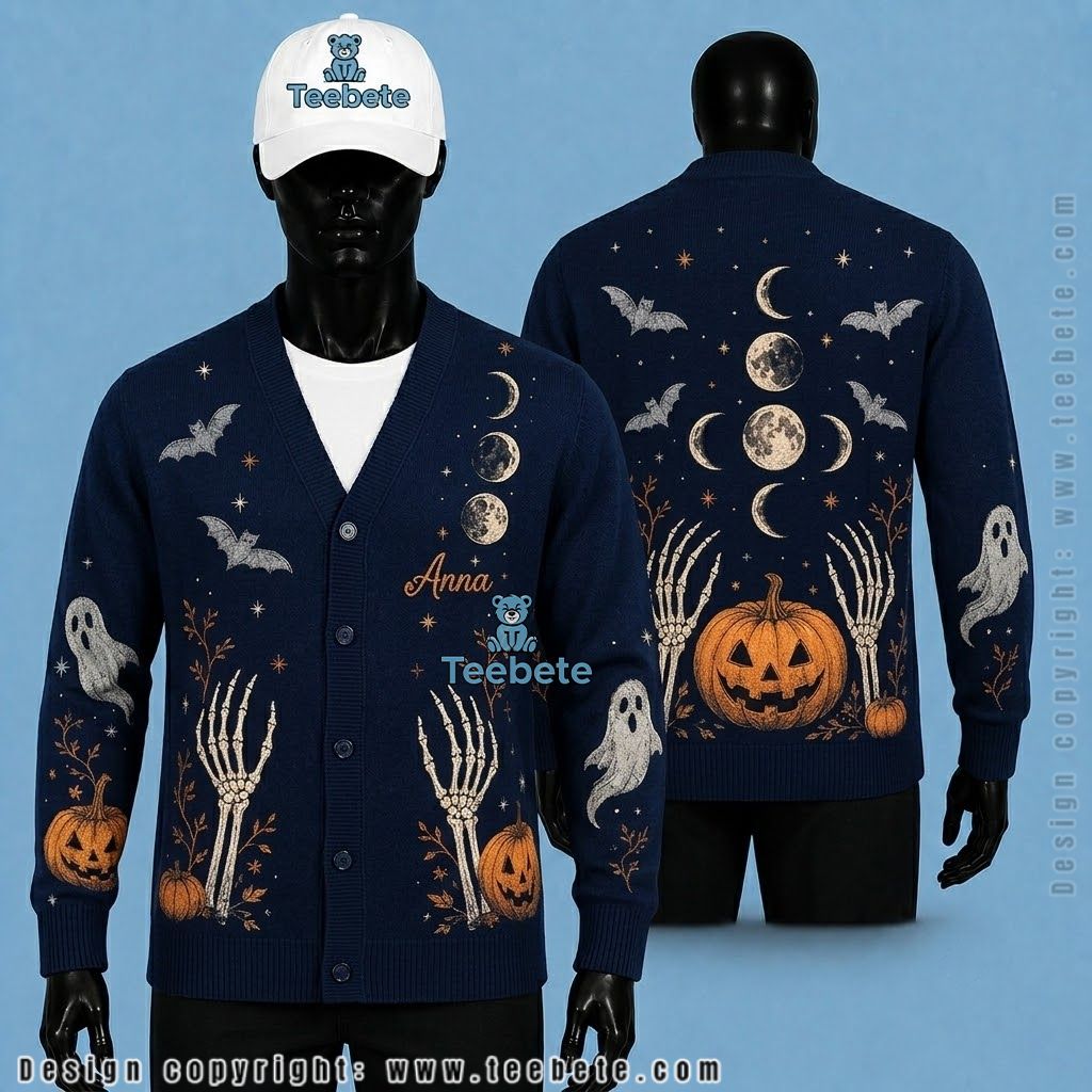 Custom Name Halloween Cardigan Emily Haunted House Black Cat