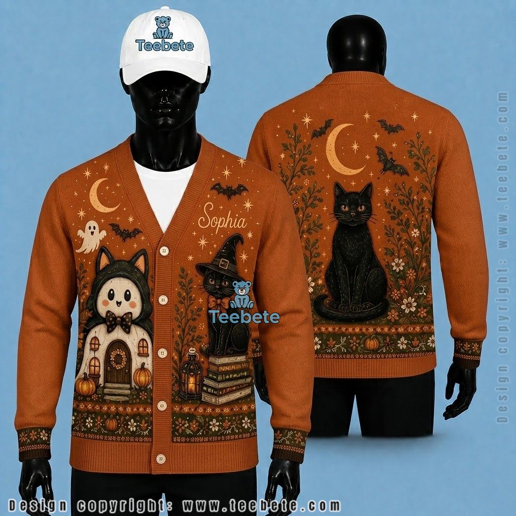 Custom Name Halloween Cardigan Witch And Ghost Pattern Custom Name Halloween Cardigan Witch And Ghost Pattern