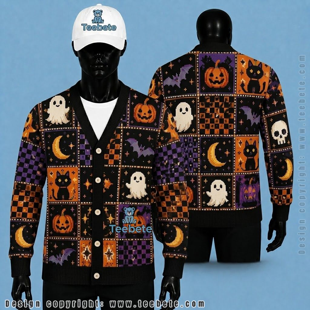 Cute Halloween Cardigan Cat, Ghost And Pumpkin Patchwork