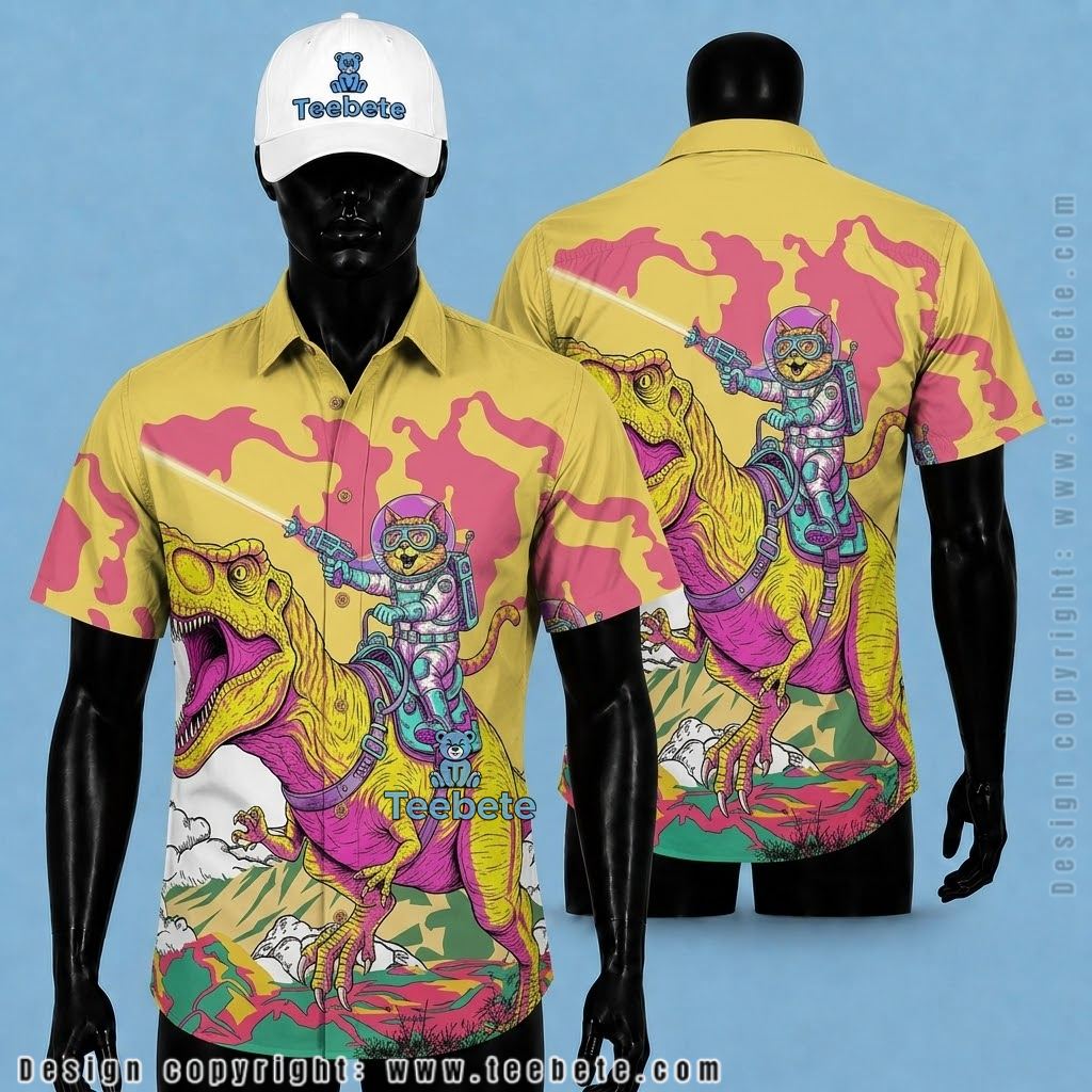 Dinosaur Hawaiian Shirt Cat Rider Yellow