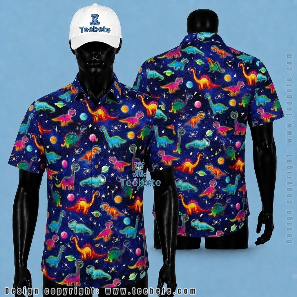 Dinosaur Hawaiian Shirt Cosmic Neon Cartoon