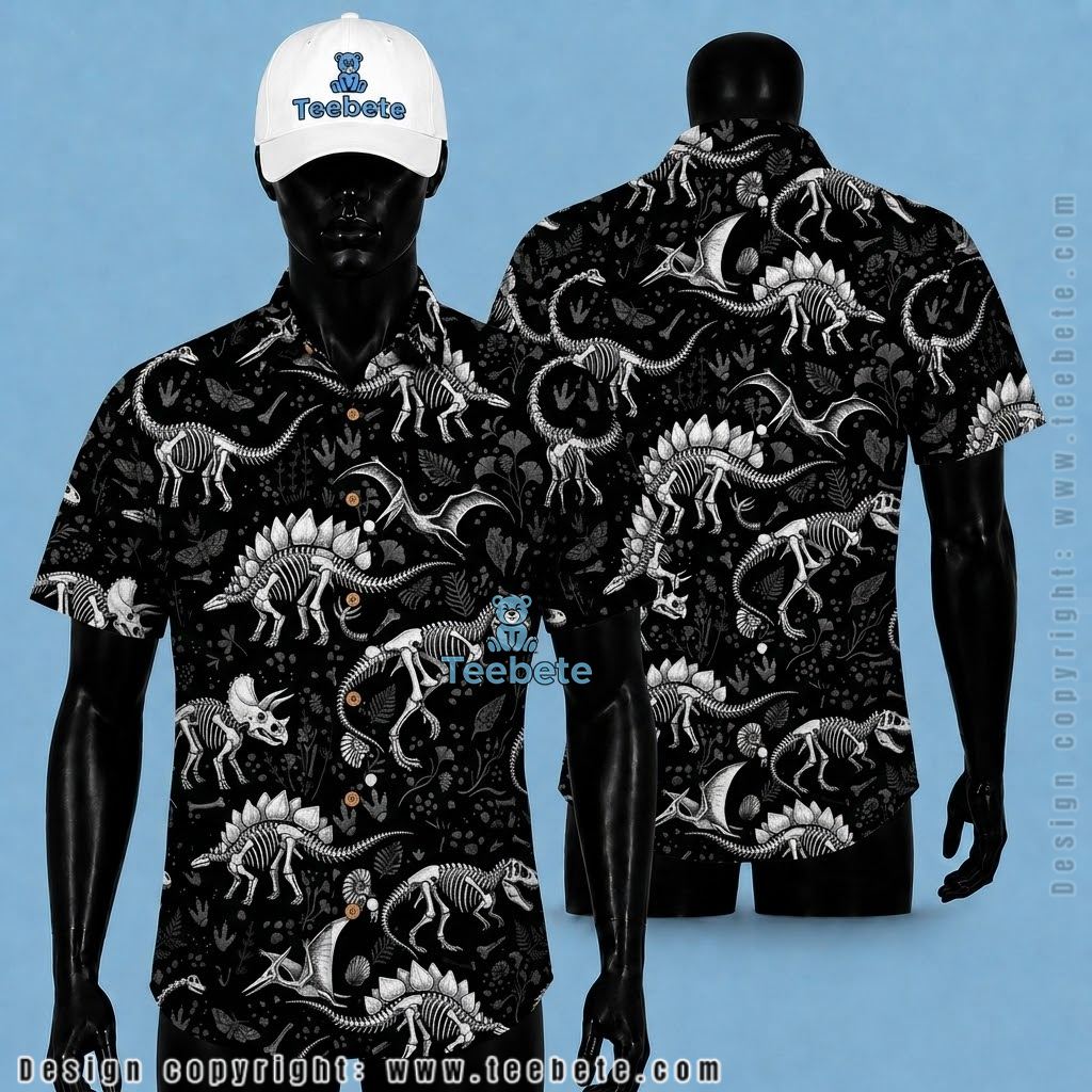Dinosaur Hawaiian Shirt Fossil Skeleton Black