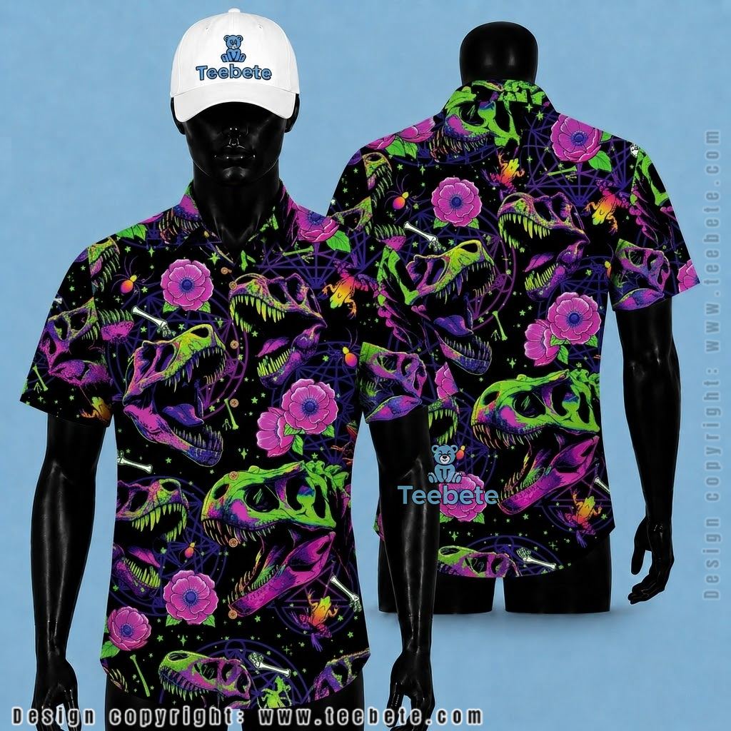 Dinosaur Hawaiian Shirt Neon Skull Floral