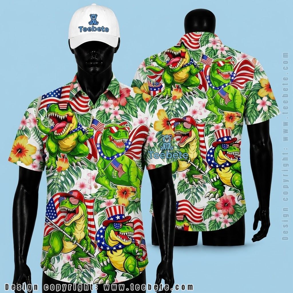 Dinosaur Hawaiian Shirt Patriotic Flag Trex