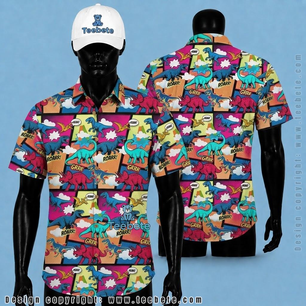 Dinosaur Hawaiian Shirt Pop Art Comic