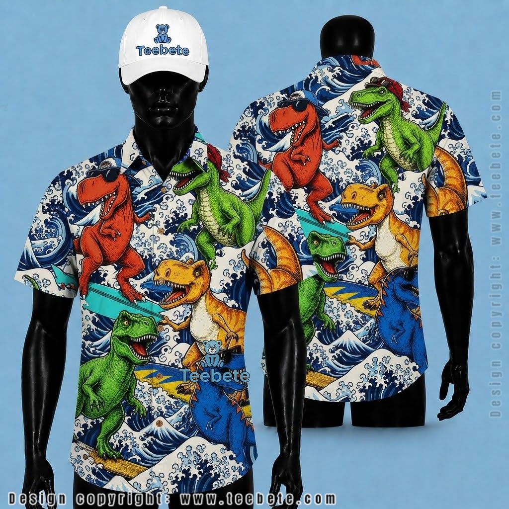 Dinosaur Hawaiian Shirt Surfing Great Wave