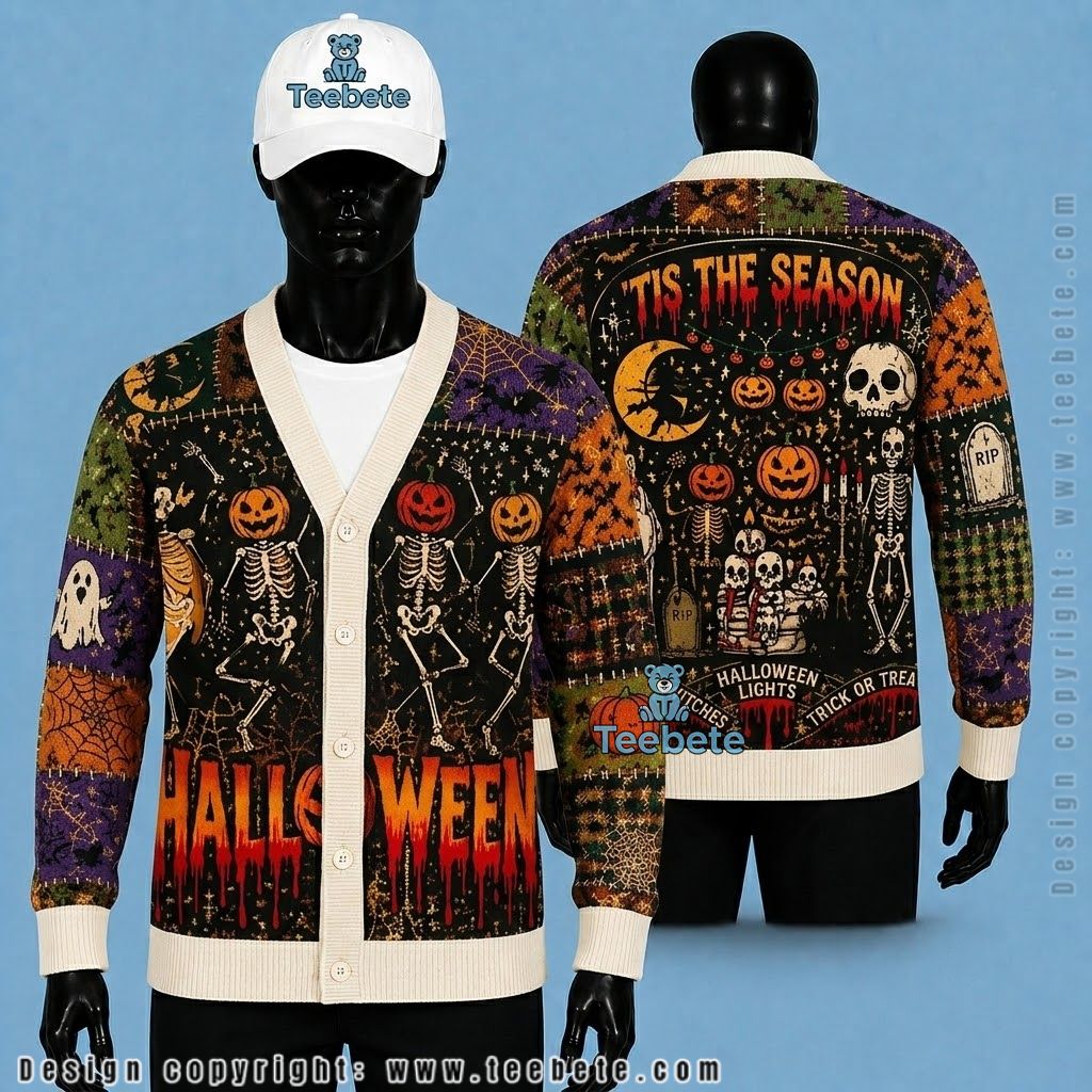 Dripping Halloween Cardigan Pumpkin With Skeleton