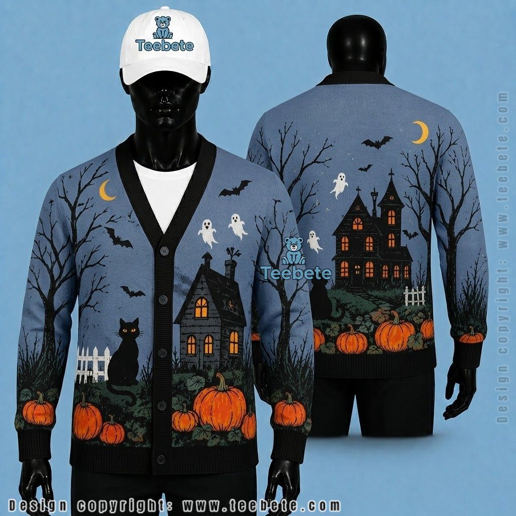 Floral Halloween Cardigan Striped Ghost, Pumpkin And Black Cat Floral Halloween Cardigan Striped Ghost, Pumpkin And Black Cat