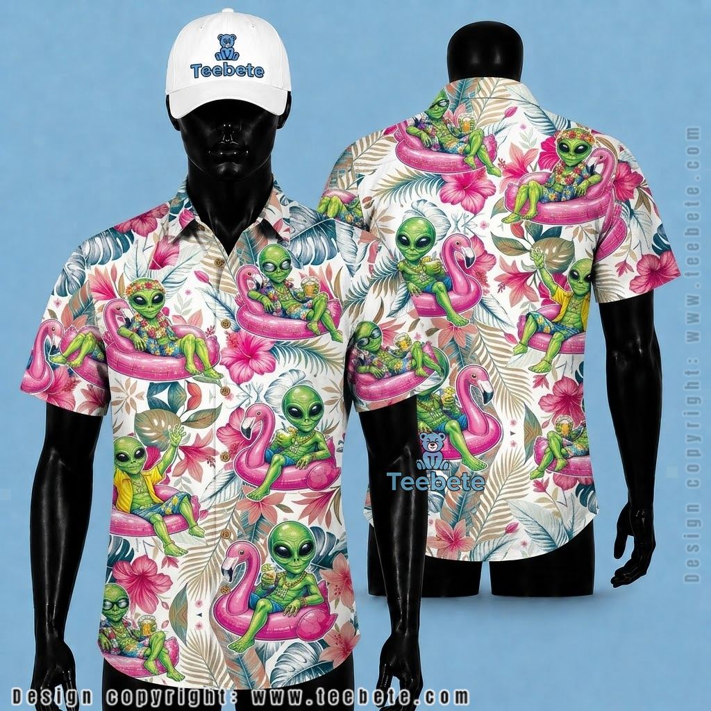 Flamingo Hawaiian Shirt Alien Beer Pool Float Beach Party